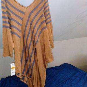 NY Collection Asymmetrical Tunic Dress in Camel and Gray Stripes